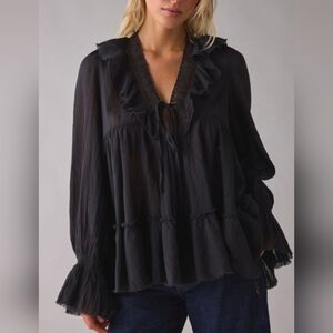 Kimchi Blue Mona Black Lace Trim Ruffle Babydoll Peasant Tunic Blouse